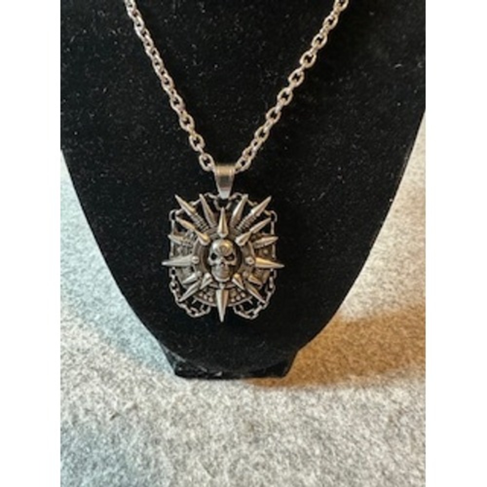 Gothic Skull Sunburst Pendant Necklace Silver Tone Spiked Biker Punk Chain